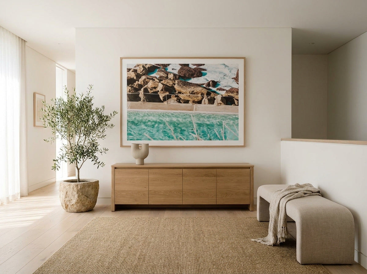 Bronte Pool I Sydney Bronte photo wall art framed print styled extra large in a coastal Australian living space at Olive et Oriel