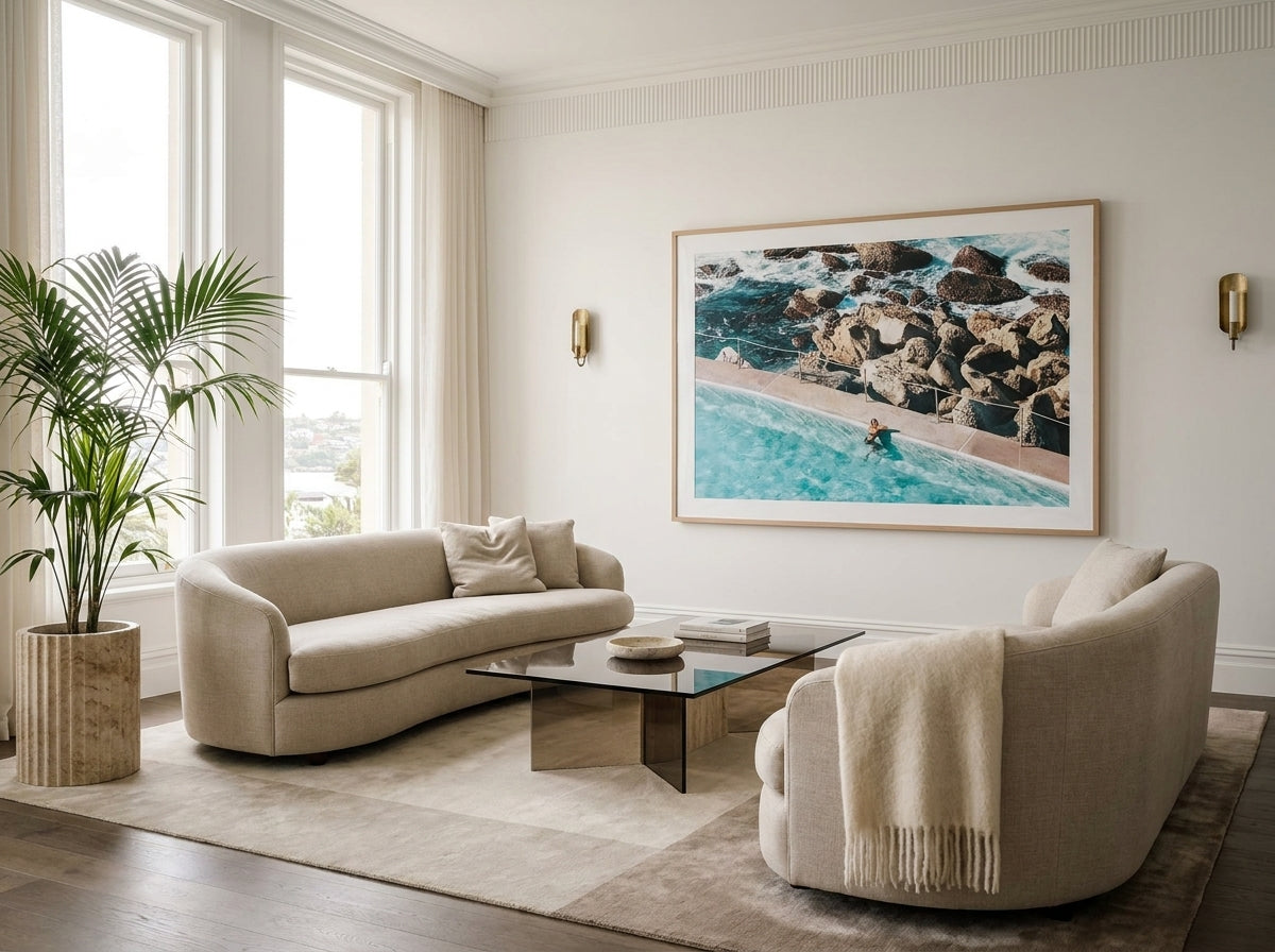 Bronte Pool II Sydney Bronte photo wall art framed print styled extra large in a coastal Australian living space at Olive et Oriel
