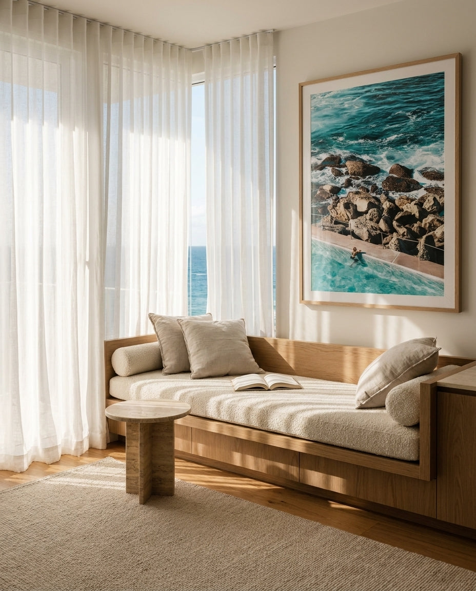 Bronte Pool II Sydney Bronte photo wall art framed print styled extra large in a coastal Australian living space at Olive et Oriel