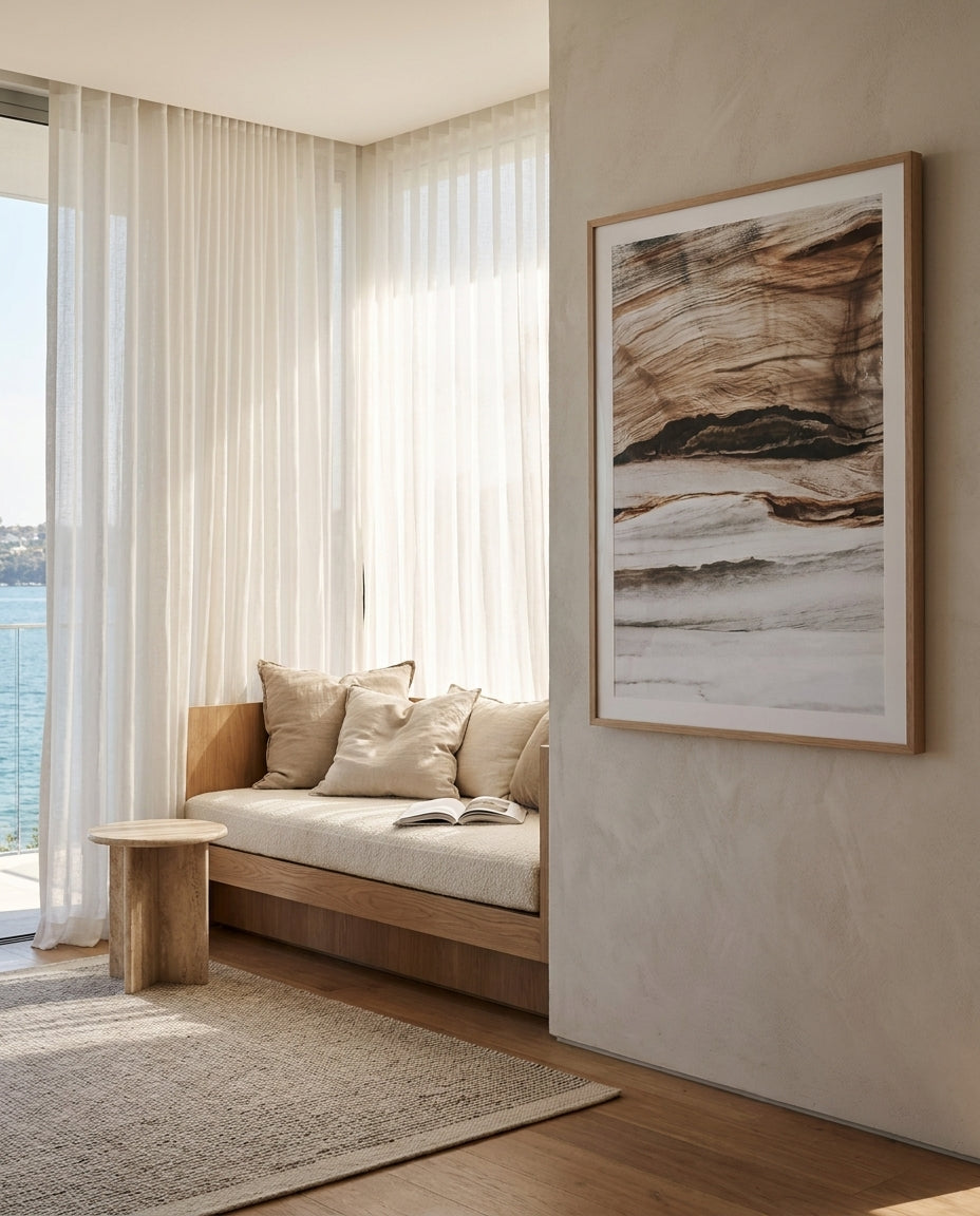 Bronte Rocks II Sydney Bronte photo wall art framed print styled extra large in a coastal Australian living space at Olive et Oriel