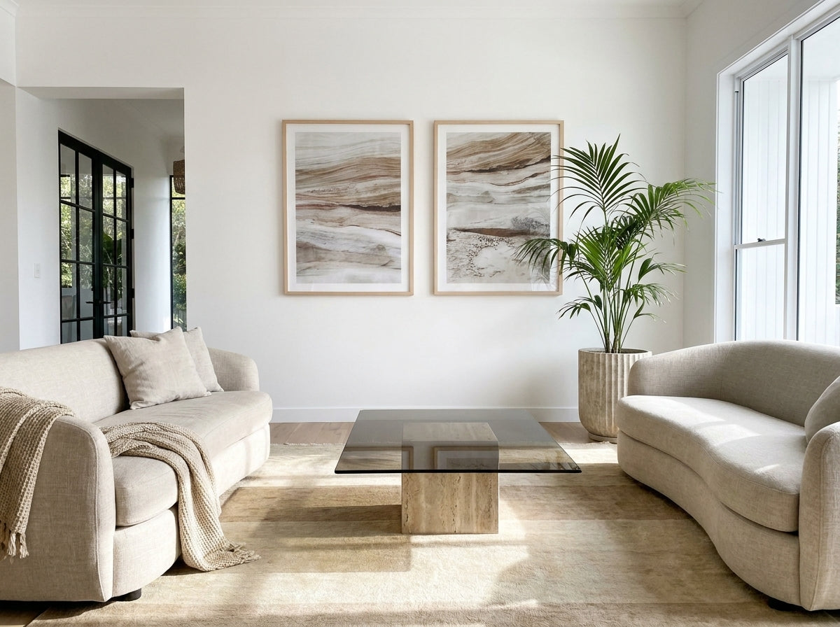 Bronte Rocks PT I & III Set of 2 Sydney Bronte wall art set of two framed prints styled side by side in a coastal Australian home at Olive et Oriel