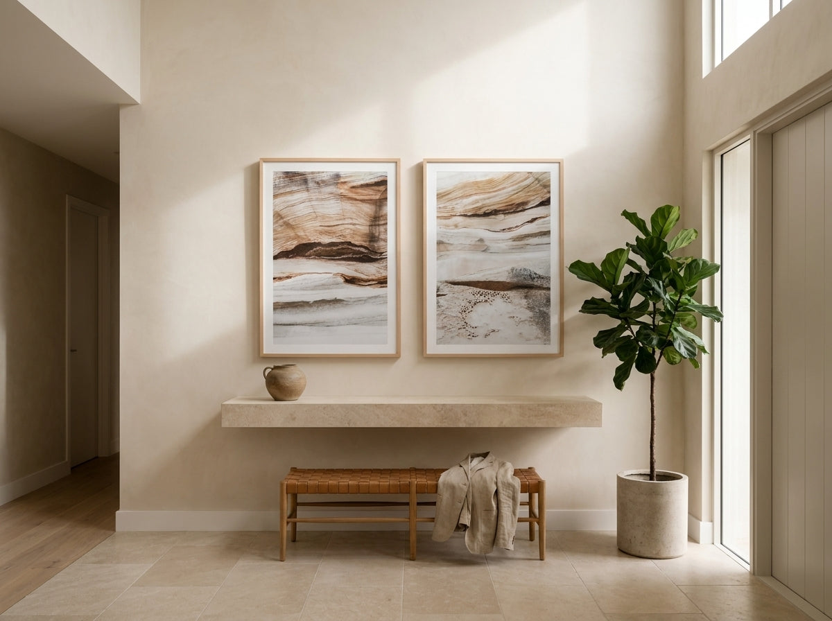 Bronte Rocks PT II & III Set of 2 Sydney Bronte wall art set of two framed prints styled side by side in a coastal Australian home at Olive et Oriel