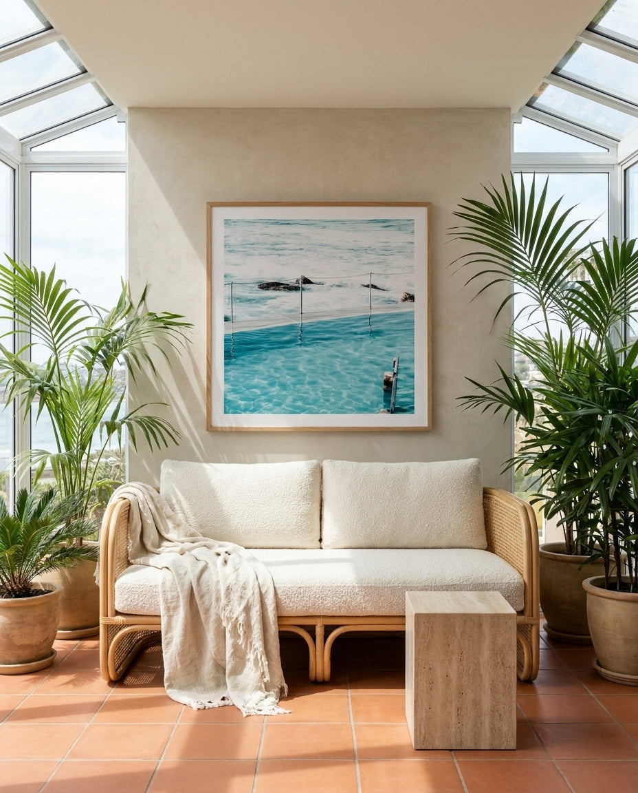 Quick Swim Bronte Square Sydney Bronte photo wall art framed print styled extra large in a coastal Australian living space at Olive et Oriel