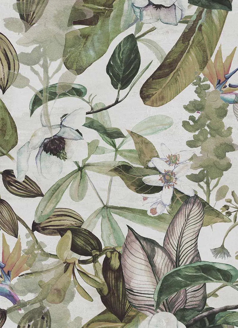 Peel and stick wallpaper featuring a repeating pattern of hand-painted tropical foliage and flowers in muted greens, browns, and whites on a soft cream background. The botanical design includes large banana leaves, palm fronds, and various blossoms, including white magnolias and bird of paradise flowers, with a loose, organic watercolor quality and visible brushstroke texture.
