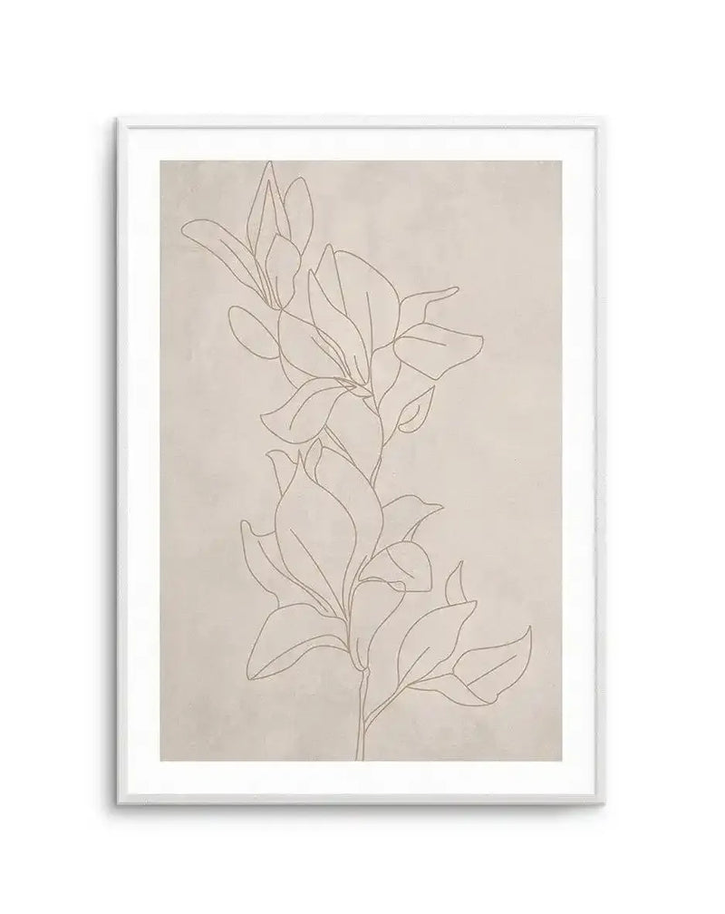 Art print featuring a minimalist line drawing of a botanical branch with multiple magnolia-like flowers and leaves, rendered in a warm brown outline on a textured, pale beige background, displayed in a white frame with a white border.