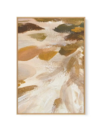 Abstract canvas print featuring broad, expressive brushstrokes in warm, earthy tones of deep brown, golden yellow, and muted olive green, interspersed with creamy white and hints of metallic gold, creating a dynamic, textured composition. The artwork is presented in a natural wood frame.
