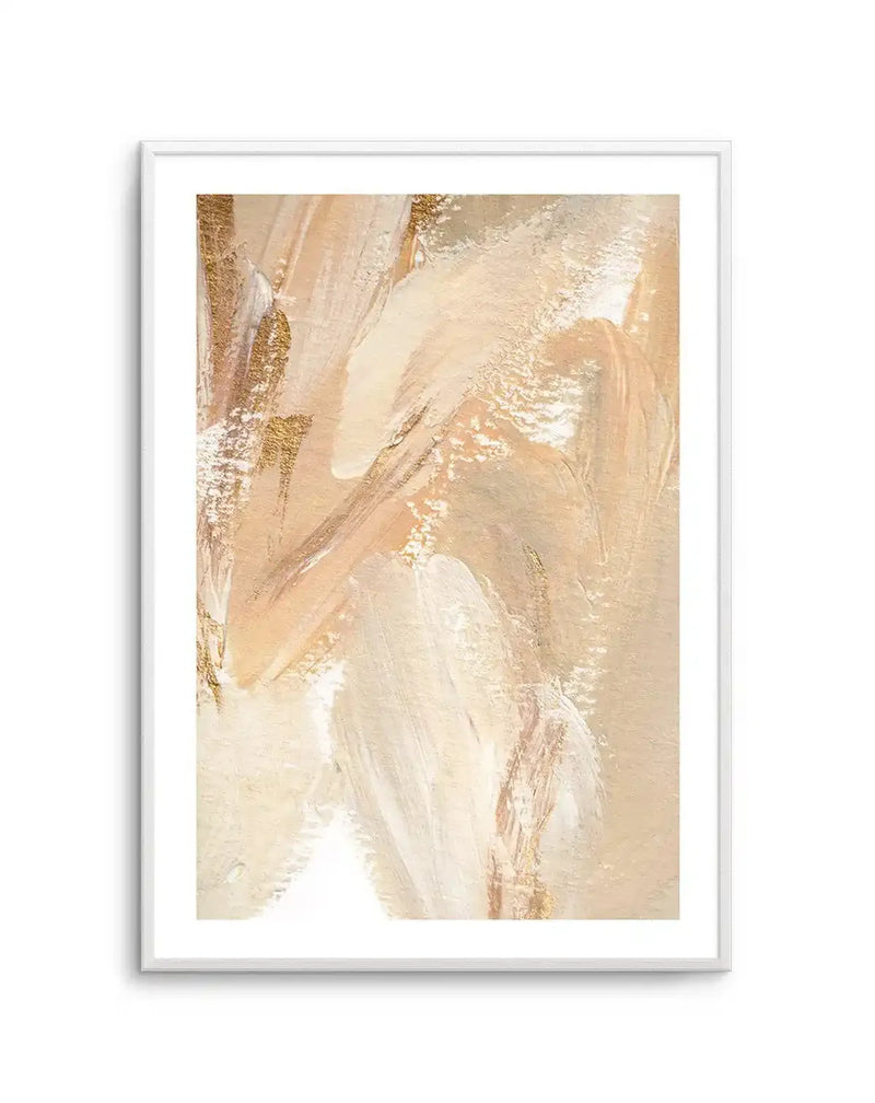 Terra Luxe III art print displayed in a silver-grey frame with white border. Abstract composition featuring soft, layered brushstrokes in warm earth tones including cream, beige, tan, and soft gold. Textured paint application with visible brushwork creates depth and movement across the vertical canvas. Lighter cream areas contrast with deeper bronze and warm brown tones. The overall effect is organic and flowing, suggesting natural landscapes or geological formations with a matte, painted finish.