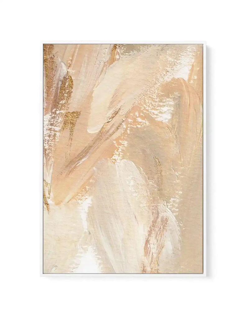 Abstract canvas print featuring thick, textured brushstrokes in warm cream, beige, and soft brown, with accents of metallic gold, creating a dynamic, flowing composition. The artwork is displayed in a thin white frame.