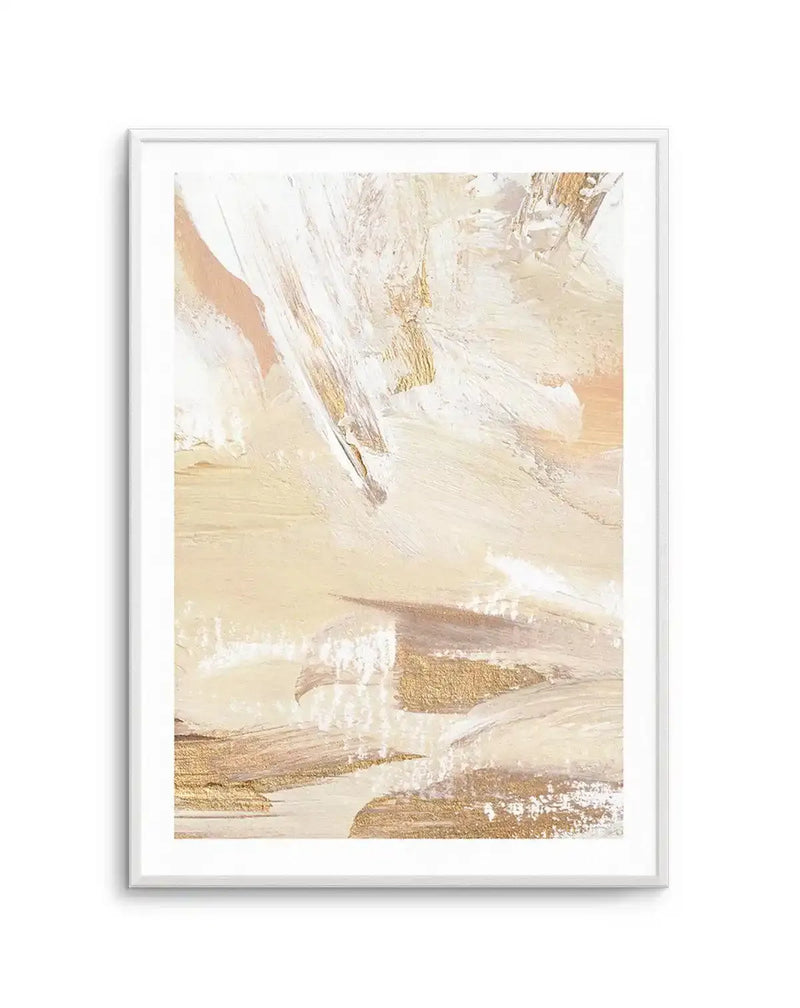 Terra Luxe IV Art Print displayed in a white frame with white border. Abstract painting featuring sweeping brushstrokes in cream, soft beige, tan, and white, with touches of gold leaf accents. Layered, gestural marks create depth and movement across the composition. The artwork has a luminous, ethereal quality with a contemporary abstract aesthetic.