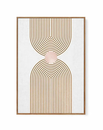 Framed canvas art print with tan wooden frame displaying abstract geometric design. Cream background with tan line illustration featuring two stacked semicircular arch patterns connected by a small dusty rose circle in the center. Upper arch opens upward, lower arch opens downward, both composed of concentric curved lines creating a rhythmic, symmetrical composition. Minimalist mid-century modern aesthetic with warm, earthy color palette.