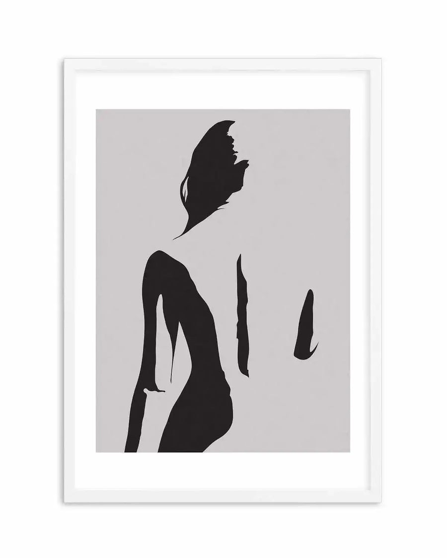Abstract art print featuring the silhouette of a female torso and head in black against a light grey background, with the body partially obscured by the background colour, creating a minimalist and fragmented composition. Printed on fine art paper and displayed in a white frame with white border.