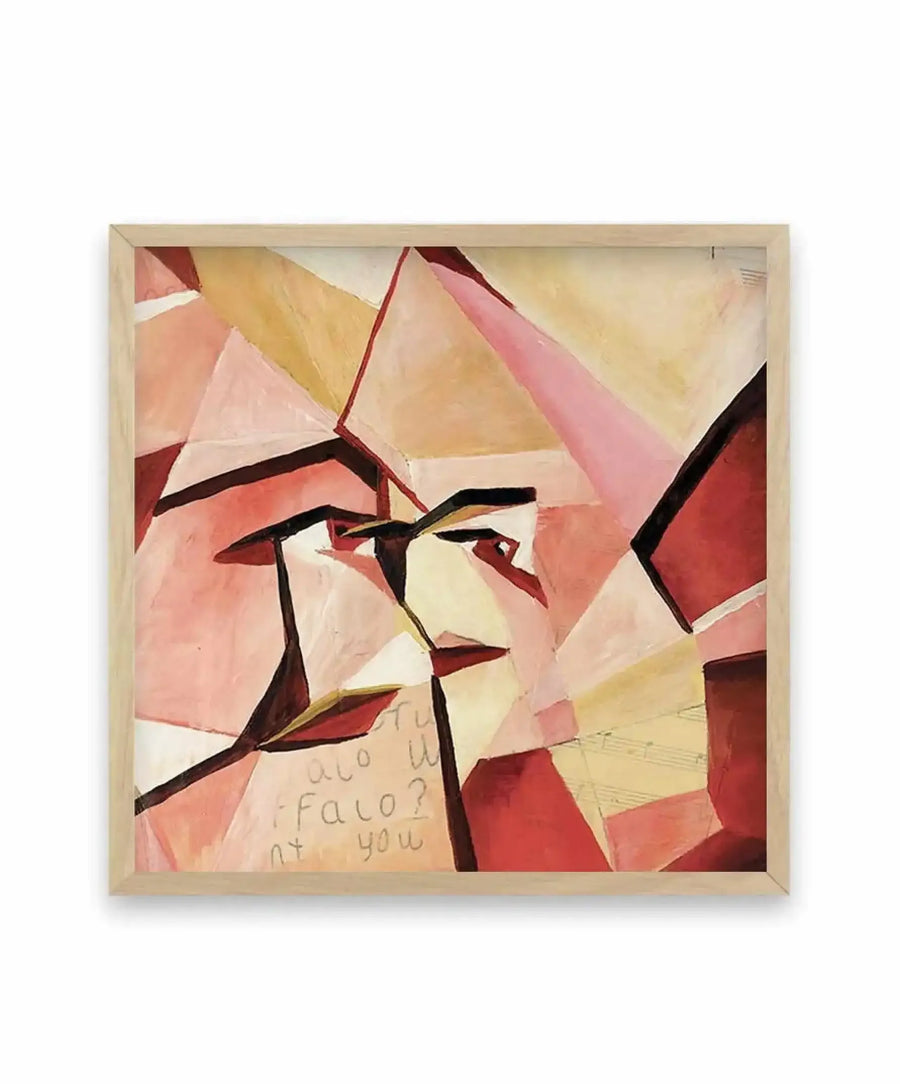 Abstract art print featuring a cubist-inspired portrait with fragmented geometric shapes in shades of blush pink, deep red, and warm beige. The composition includes visible brushstroke texture and handwritten text in the lower left corner, printed on fine art paper and displayed in a natural oak frame with a white border.