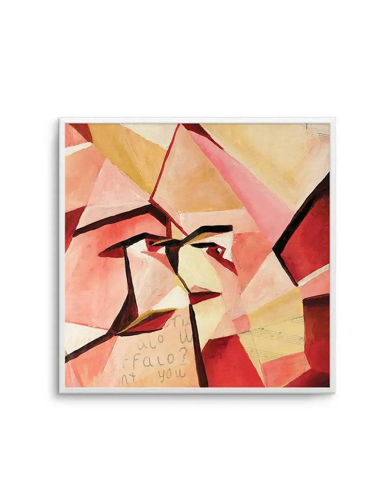 Abstract:
Abstract art print featuring a cubist-style portrait composed of geometric shapes and sharp angles in shades of blush pink, deep red, and warm ochre. The painting has visible brushstroke texture and includes faint handwritten text in the lower left corner that reads "aco u falo? nt you". The print is displayed in a white frame with a white border.
