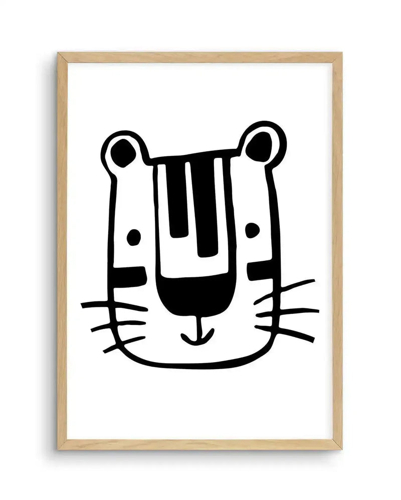 Art print featuring a minimalist black and white illustration of a tiger's head, with thick black lines forming the ears, eyes, nose, mouth, and stripes, on a clean white background, displayed in a natural oak frame with white border.