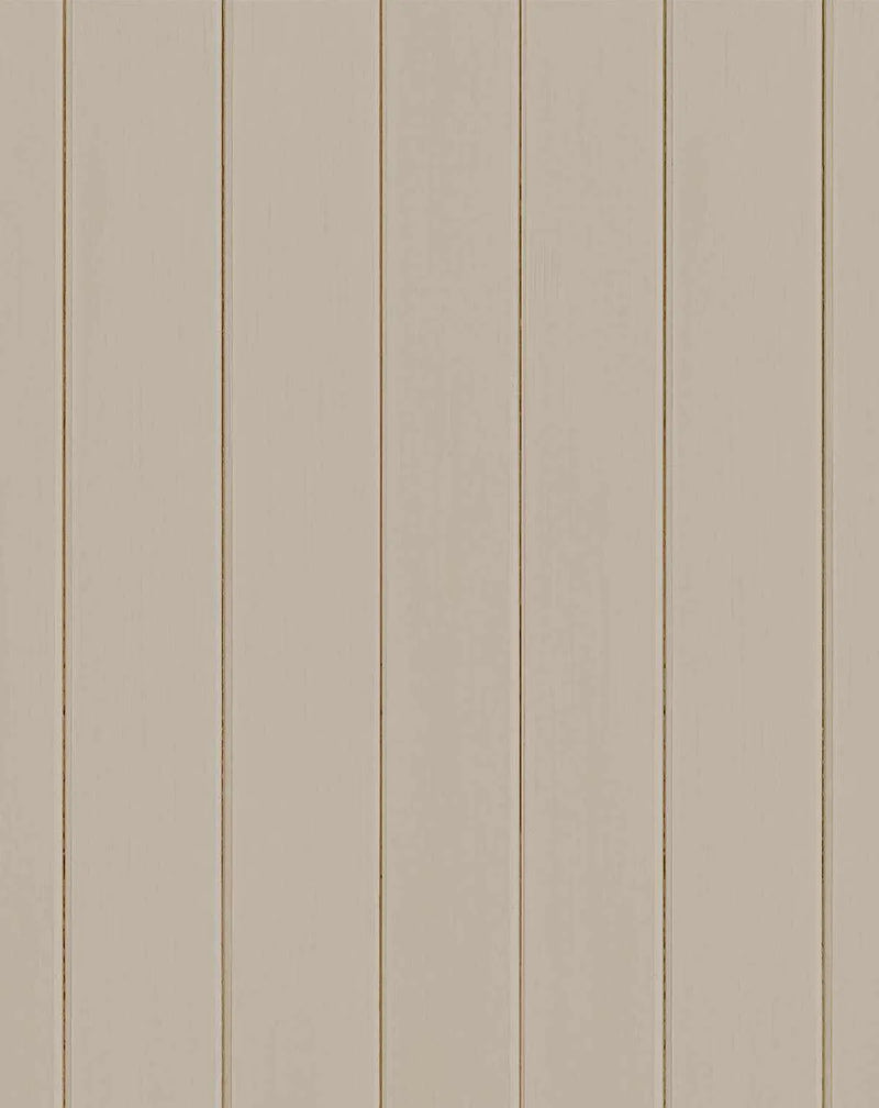 Tongue and groove wood panel wallpaper in pebble color. The design features five vertical wooden planks with realistic wood grain texture and subtle color variation across a warm, neutral beige-gray tone. Thin grout lines separate each plank, creating a contemporary shiplap appearance. The finish has a matte quality that mimics natural wood surfaces.