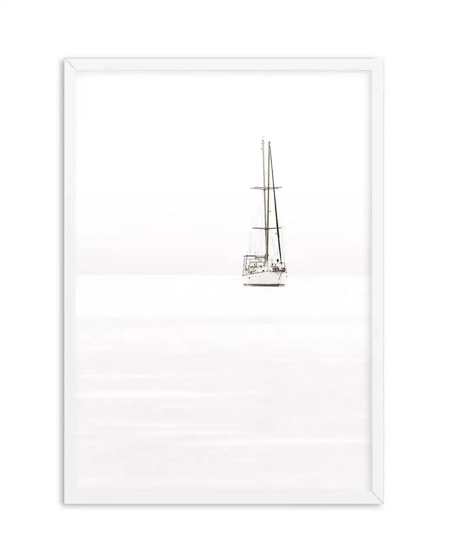 Framed art print featuring a detailed pen and ink illustration of a two-masted sailing yacht centered on a white background. The sailboat is rendered in fine linear details showing the hull, rigging, sails, and cabin structure in black ink against the plain white space. The artwork is mounted in a white wooden frame with a white border, displayed against a white background.