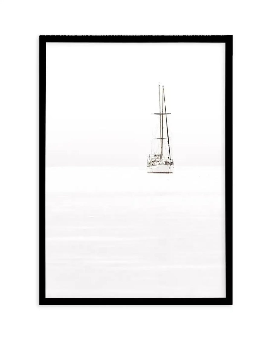 Framed art print featuring a minimalist line drawing of a sailboat centered on a white background. The sailboat illustration shows detailed rigging and masts rendered in thin, precise black lines. The artwork is displayed in a black wooden frame with a white border. The composition emphasizes negative space, with the small boat positioned in the upper-right portion of the frame against a predominantly white field. The style is architectural and technical in nature, with a calm, solitary maritime mood.