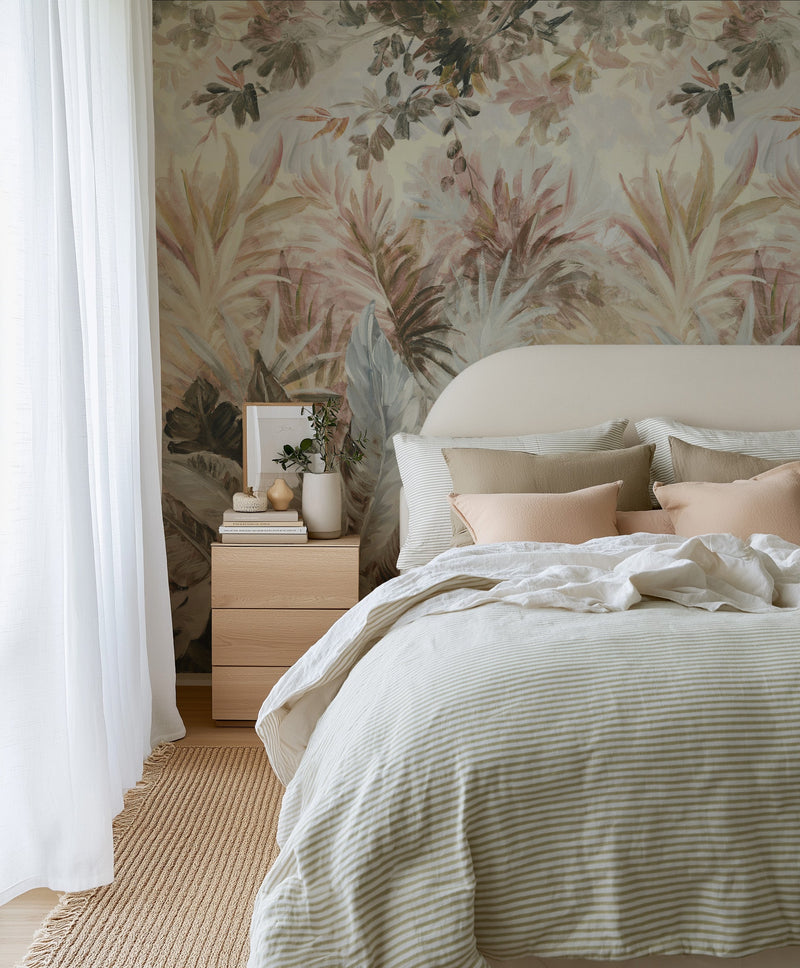 Tropical Dreamscape Painted Mural Wallpaper from Olive et Oriel where you can shop wallpaper and artworks online