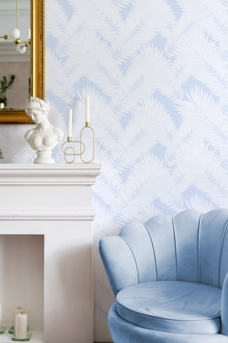 Tropicana Palm in Light Blue Wallpaper from Olive et Oriel where you can shop wallpaper and artworks online