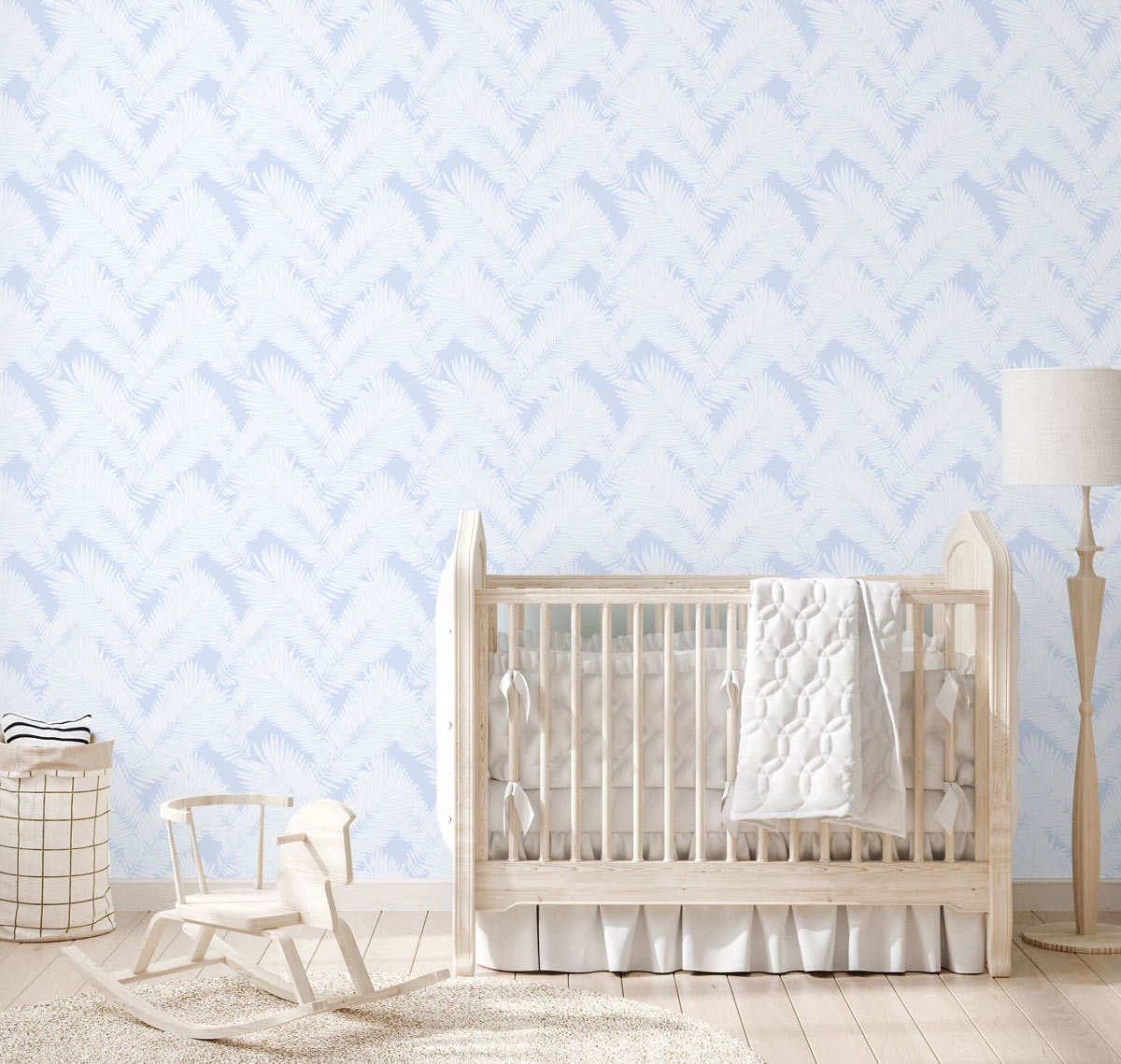 Tropicana Palm in Light Blue Wallpaper from Olive et Oriel where you can shop wallpaper and artworks online