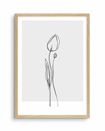 Minimalist line drawing of a single tulip with closed petals on a tall stem, accompanied by a smaller unopened bud and elongated leaves, rendered in black ink on light gray background. Framed in natural wood with white border.