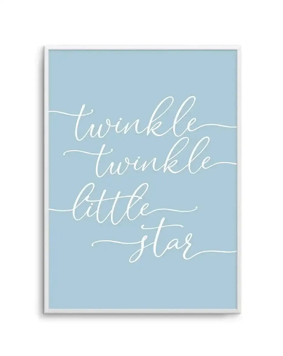 Art print with pale blue background featuring white handwritten-style cursive text reading "twinkle twinkle little star" arranged in four lines with decorative flourishes. White wooden frame visible around edges.
