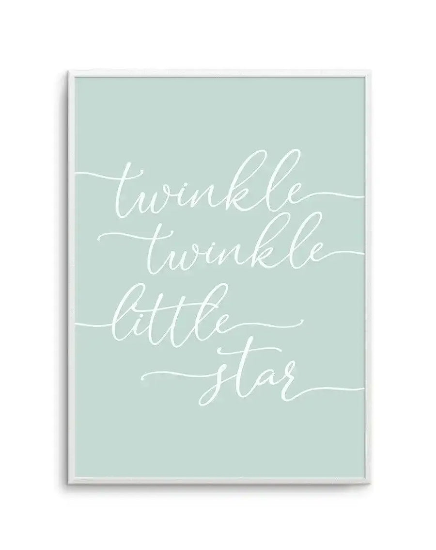 Art print with soft sage green background featuring white handwritten-style calligraphy text reading "twinkle twinkle little baby star" arranged in four lines with decorative flourishes. White wooden frame with thin border visible around the print.