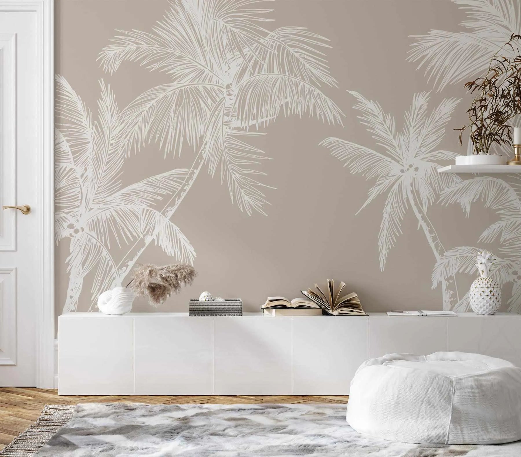 The Palms Wallpaper in Ecru from Olive et Oriel where you can shop wallpaper and artworks online