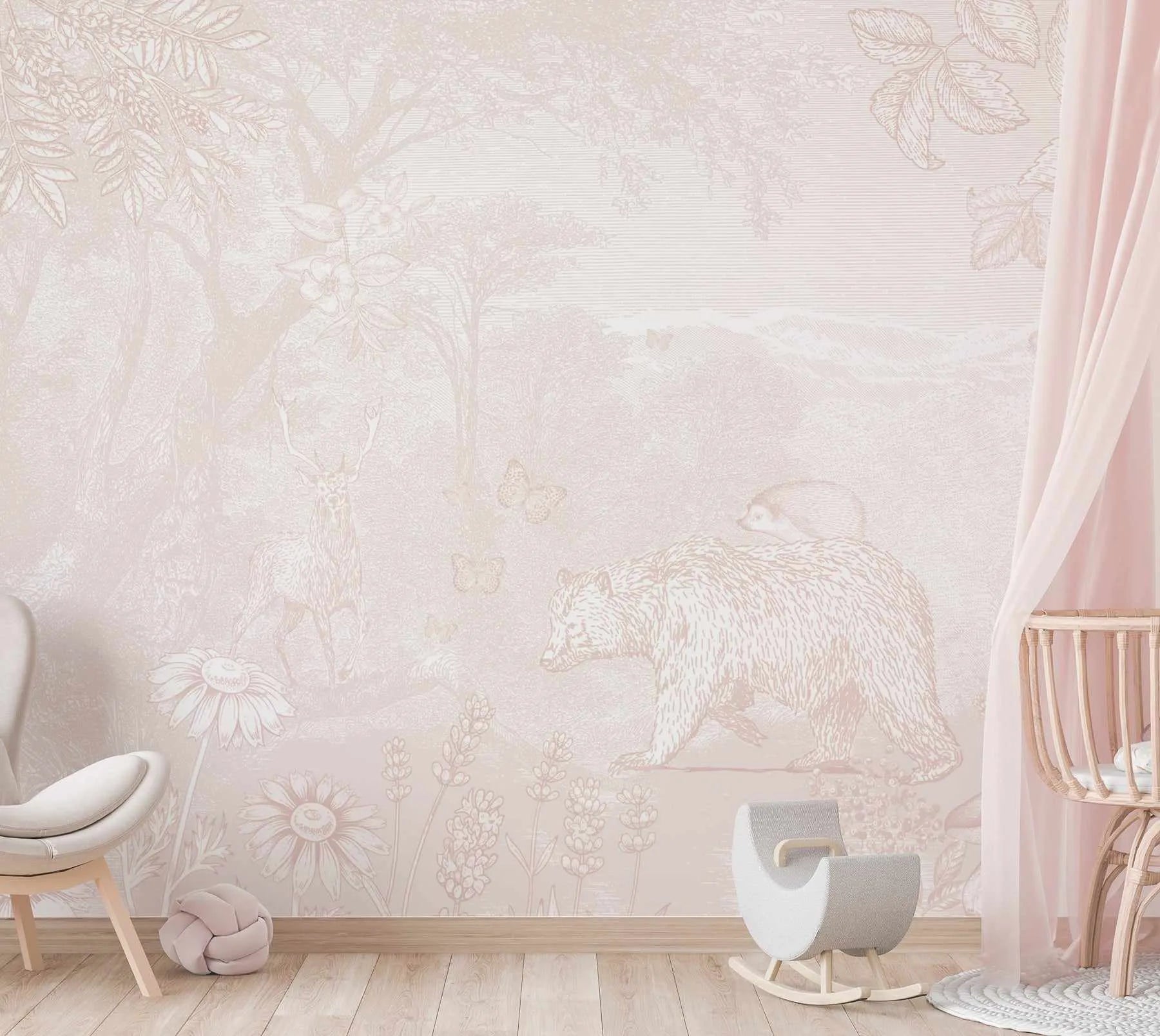Vintage Animal Forest in Pink Wallpaper Mural - Olive et Oriel