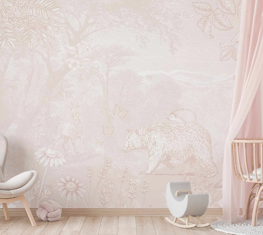 Vintage Animal Forest in Pink Wallpaper Mural - Olive et Oriel