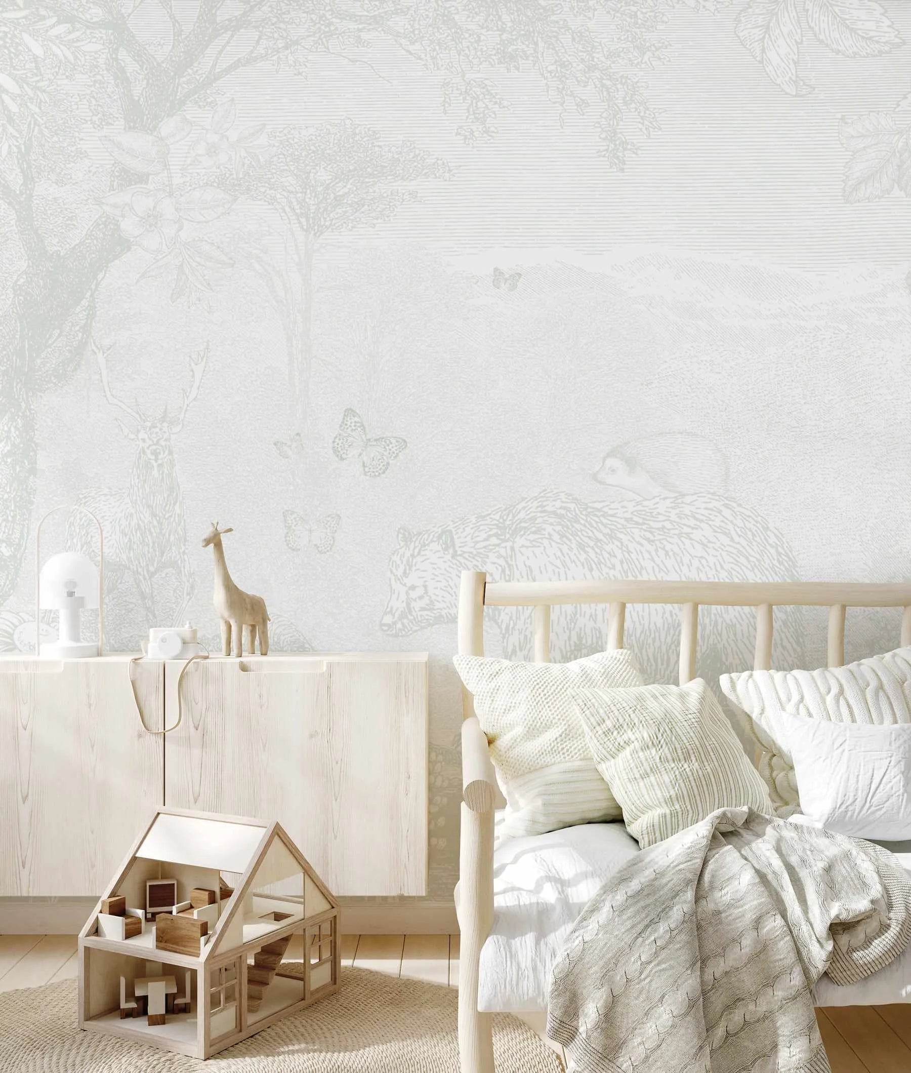 Vintage Animal Forest in Soft Sage Wallpaper Mural - Olive et Oriel