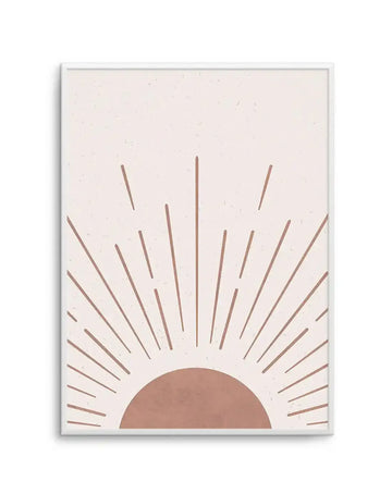 Art print featuring a minimalist illustration of a rising sun with a terracotta-colored semi-circle at the bottom and radiating lines in the same hue against a textured off-white background, displayed in a white frame with a white border.