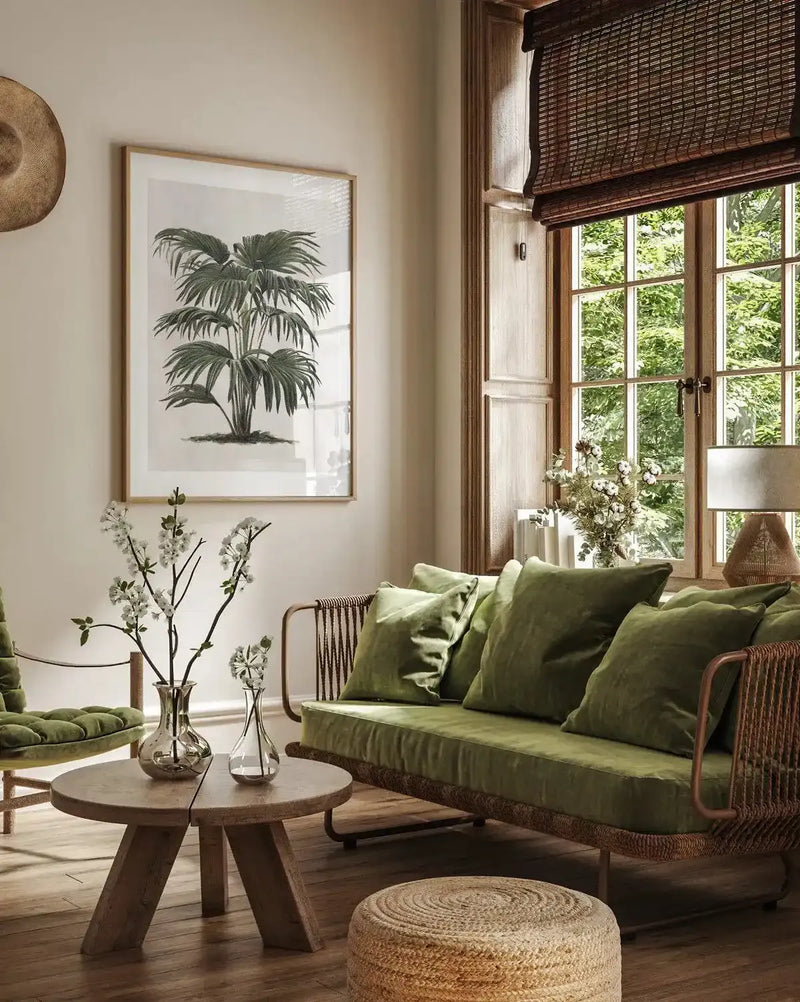 Framed botanical art print displayed on a cream wall above a round wooden side table. The print shows a detailed black ink illustration of a tall palm plant with multiple fronds, set in a natural wood frame with white border. The artwork hangs in a bright room with large windows, woven Roman shade, green upholstered sofa with matching throw pillows, and natural wood flooring. Fresh white flowers in glass vases sit on the table below the print, creating a botanical-themed interior display.