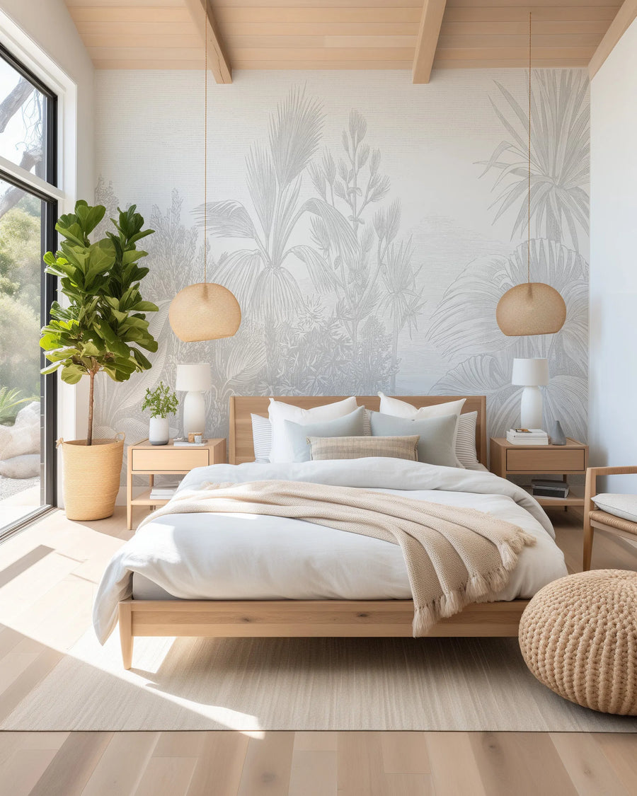 Peel and stick wallpaper mural displayed on a bedroom accent wall behind a wooden bed. The design features a botanical illustration of tropical palm fronds and flowering plants rendered in soft grey and beige tones on a white textured background. The monochromatic botanical artwork creates a serene, naturalistic aesthetic complementing the light wood furniture, cream bedding, and natural daylight streaming through large windows in this minimalist, Scandinavian-inspired bedroom setting.