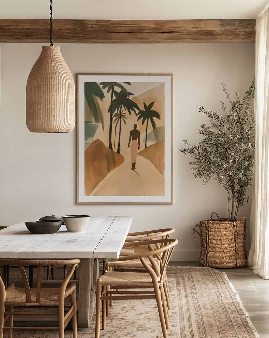 Wall art hanging in a modern calming dining area with natural timber finishes and a rattan hanging light fixture. An olive tree sits on the far right side of the room, however the wall art is the focal point in this home decor scene.
