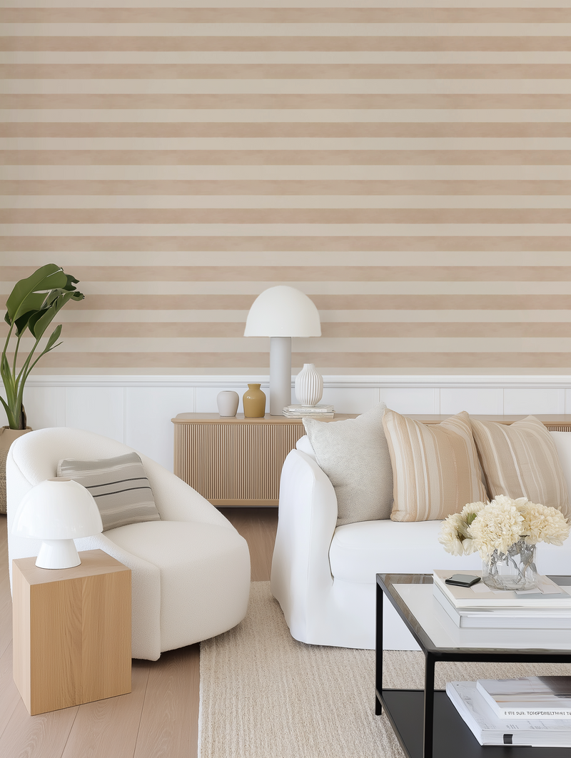 Laguna Beach Horizontal Stripe in Luxe Beige Wallpaper from Olive et Oriel where you can shop wallpaper and artworks online