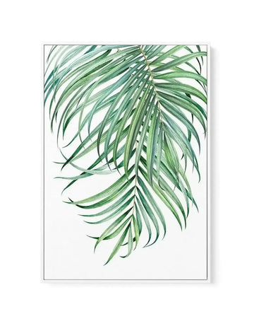 Watercolour painting of drooping palm fronds rendered in soft shades of sage green, celadon, and forest green with delicate veining detail. The fronds cascade downward against a white background, creating an organic, naturalistic composition. Framed in a slim gray border with white border, presented as a canvas art print in portrait orientation.