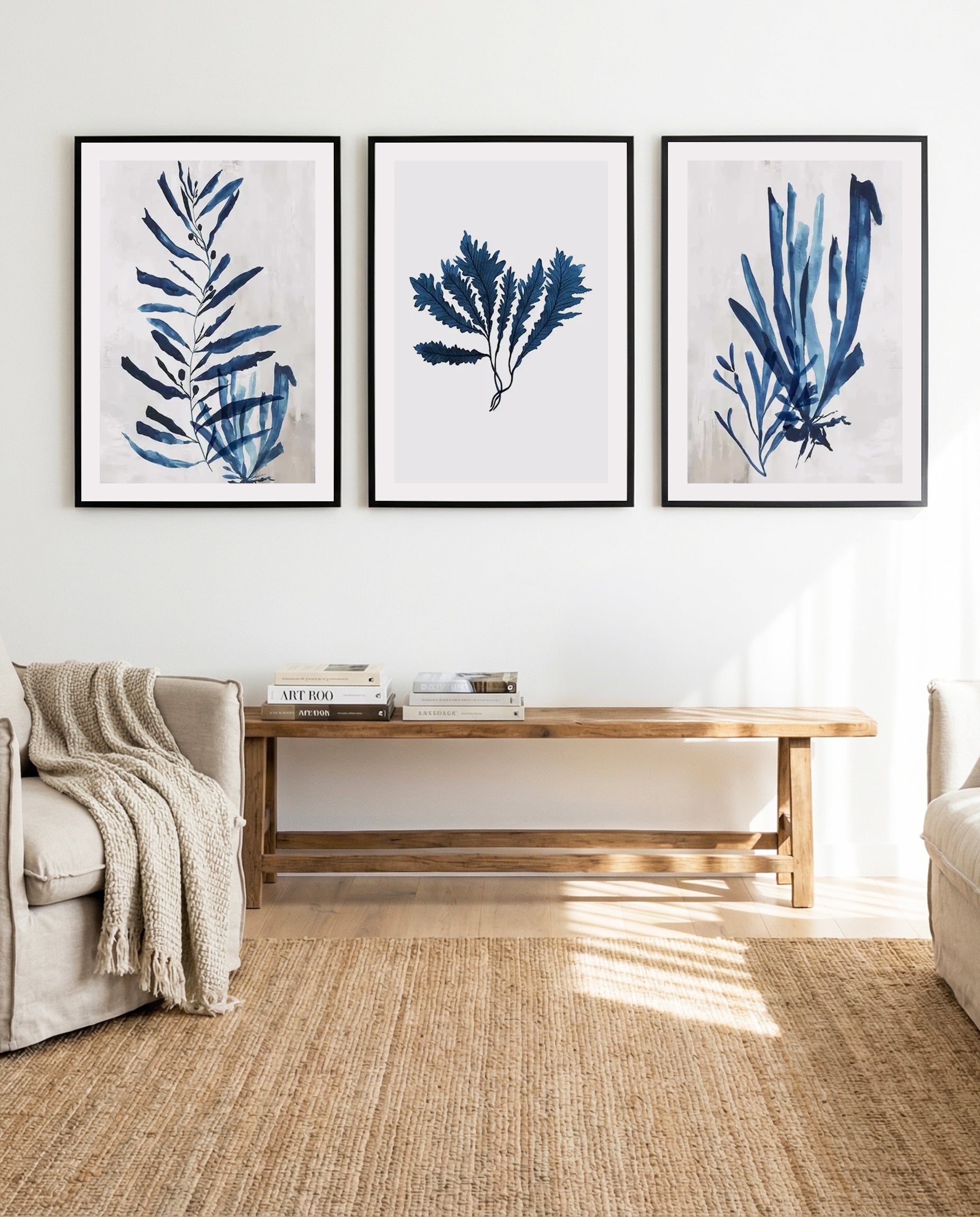 Watercolour Sea Kelp I, II & III | 3 Piece Wall Art Set in Blue art print oak frame with white border
