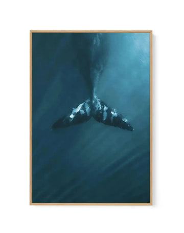 Framed canvas art print featuring an underwater photograph of a whale's tail flukes centered against a deep teal-blue ocean background. The whale's tail shows white markings on dark grey-black coloring, with water and light filtering down from above creating a misty, atmospheric effect. Light wood frame with natural tan finish surrounds the canvas. The vertical composition emphasizes the serene, contemplative mood of the deep ocean environment.