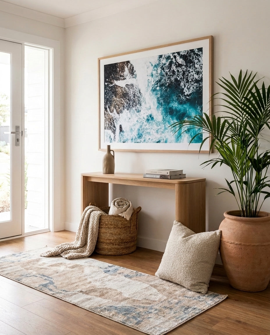 White Washed Merimbula framed photographic art print by Art of Flight Co styled extra large in a coastal Australian living space at Olive et Oriel
