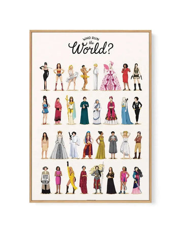 Framed canvas art print featuring an illustration of 30 iconic women from history and pop culture, arranged in five rows of six, against a cream background, with a natural oak frame. The title "WHO RUN the World?" is written in black script at the top. The figures include Cleopatra, Wonder Woman, Madonna, Frida Kahlo, Queen Elizabeth I, Amelia Earhart, Rosa Parks, and the Mona Lisa.