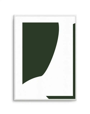 Abstract art print featuring a large curved organic shape in deep forest green against a white background, displayed in a silver-toned frame with white border. The shape has a smooth, flowing edge that curves from upper left toward the lower right, creating a minimalist composition with negative space. The print has a clean, modern aesthetic with matte finish.