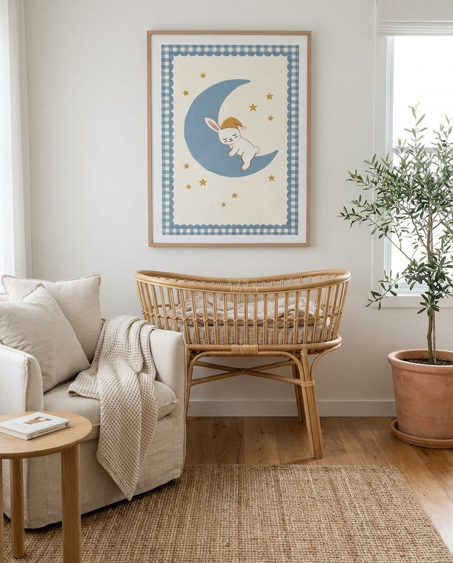 Wish Upon a Star Bunny nursery art print framed and styled on the wall of a coastal Australian baby room at Olive et Oriel