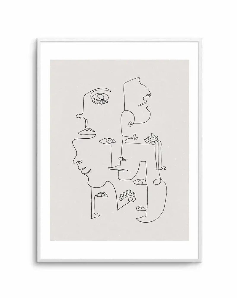 Abstract art print featuring a continuous line drawing of multiple overlapping faces and facial features in black on a light grey background, displayed in a white frame with a white border. The composition includes eyes, noses, and mouths, creating a cubist-inspired, minimalist aesthetic.