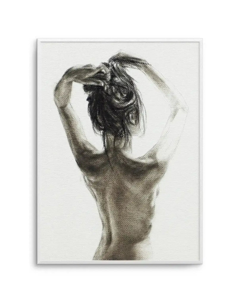 Charcoal art print featuring the back of a woman with her arms raised, hands in her dark hair, on a white background. The drawing has visible charcoal texture and shading, with a white frame and white border.