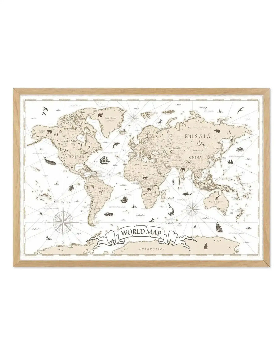 World map art print with a vintage-inspired illustration style, featuring continents in a beige tone with country names in black text, against a cream-white ocean background with subtle grid lines. The map includes whimsical illustrations of sea creatures, ships, and compass rose, all displayed in a natural oak frame with a white border.