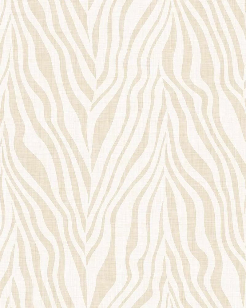 Zebra stripe wallpaper featuring vertical wavy stripes in bone and cream tones on a linen-textured background. The stripes have organic, flowing curves that create a subtle animal print pattern. The color palette is soft and neutral with warm beige undertones throughout the linen finish.