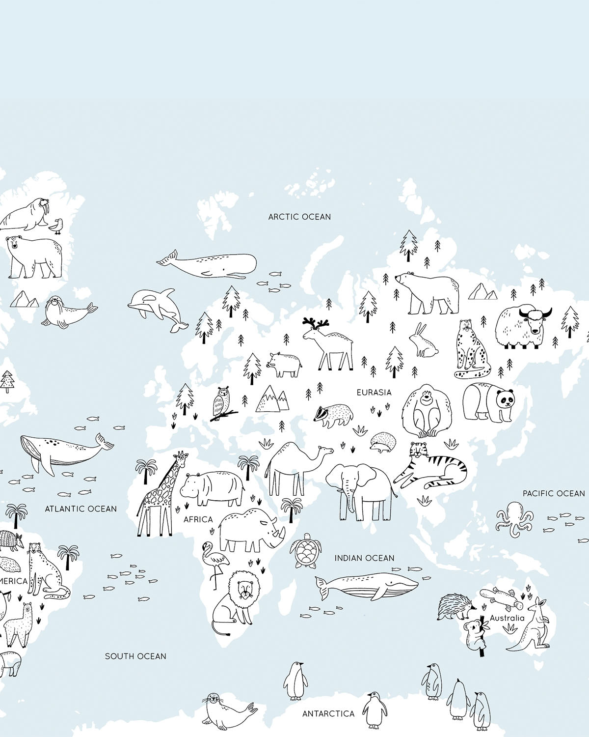 Animal Map Soft Blue Wallpaper Mural