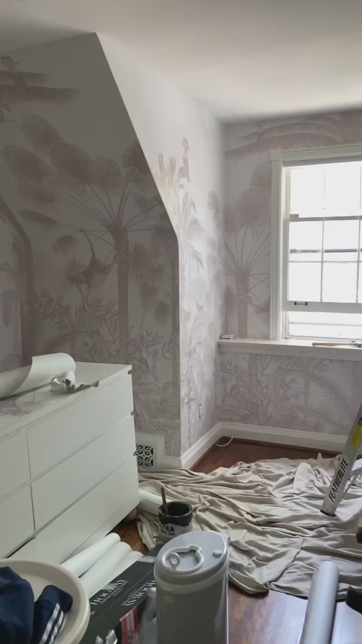 Load video: Vintage Jungle in Dusty Pink Wallpaper Mural