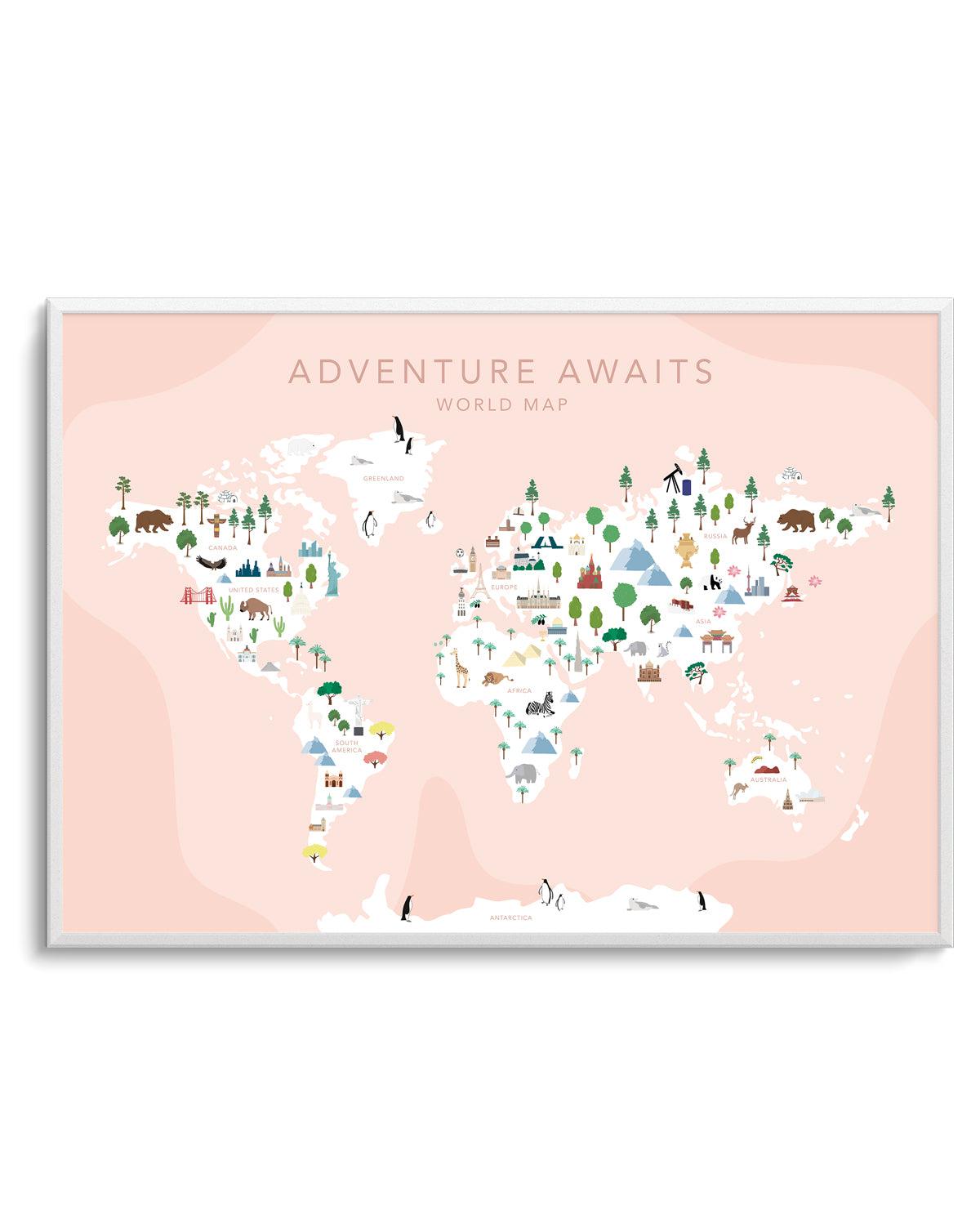 Adventure Awaits World Map | Blush Art Print-PRINT-Olive et Oriel-Olive et Oriel-A5 | 5.8" x 8.3" | 14.8 x 21cm-Unframed Art Print-With White Border-Buy-Australian-Art-Prints-Online-with-Olive-et-Oriel-Your-Artwork-Specialists-Austrailia-Decorate-With-Coastal-Photo-Wall-Art-Prints-From-Our-Beach-House-Artwork-Collection-Fine-Poster-and-Framed-Artwork